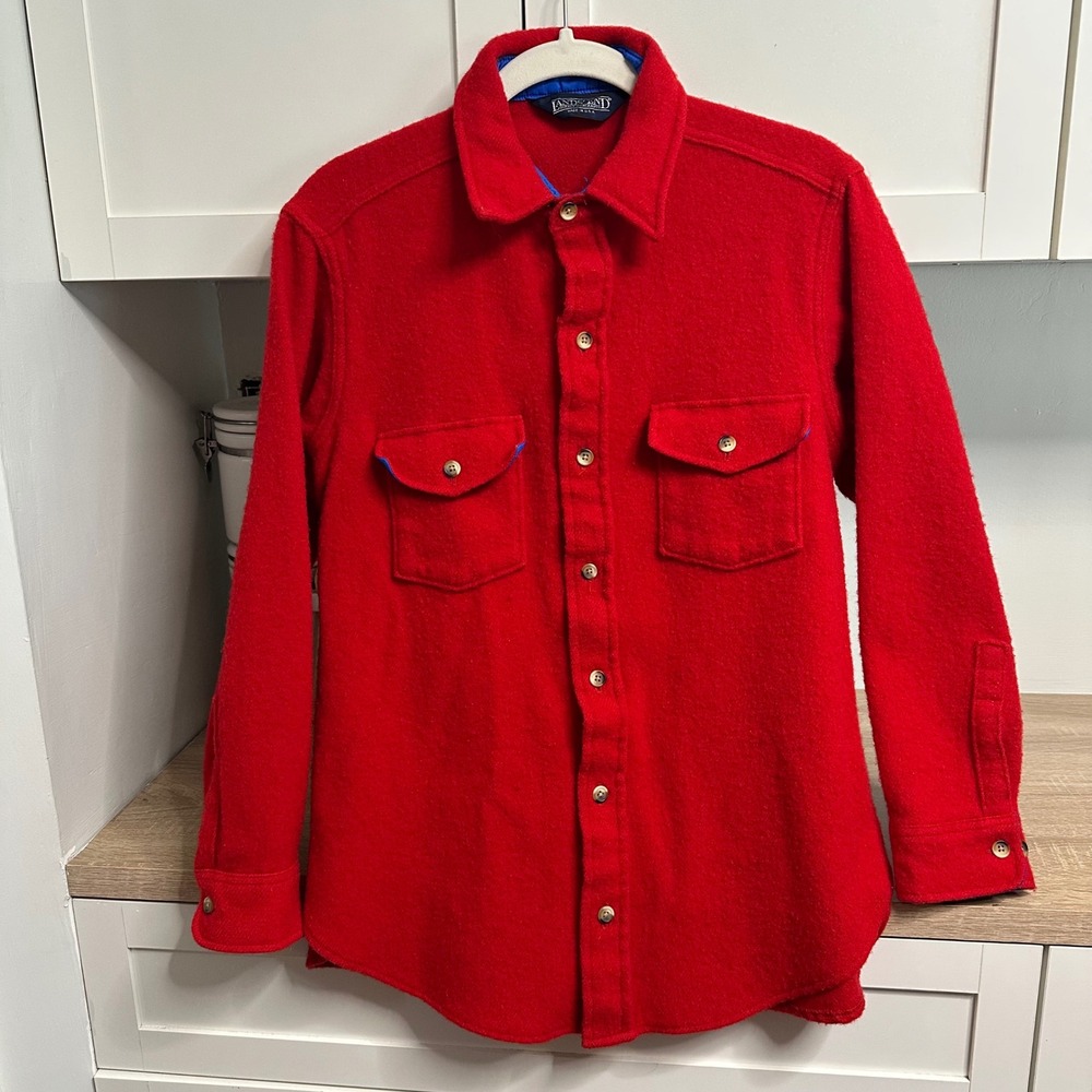 Vintage Lands End Red Wool US L Shacket Jacket Button-Down Made In USA Americana